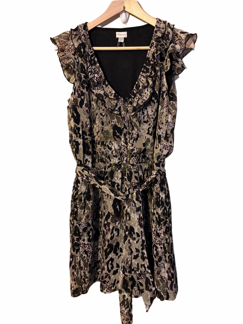 Dynamite Ruffled V-Neck Sleeveless Romper in Olive, Black and tan